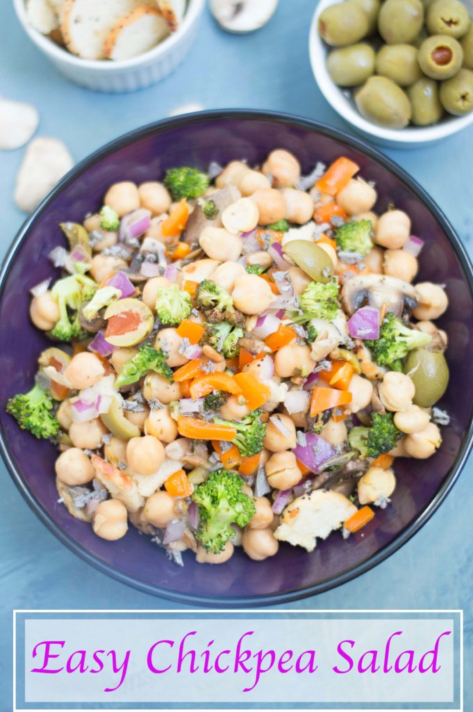 A quick and simple chickpea salad that is full of protein and delicious flavors. Takes only 20 minutes to make. Perfect vegan lunch time meal or a side dish for the whole family to enjoy.