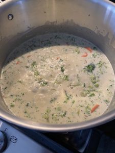 broccoli cheese soup pot of ingredients